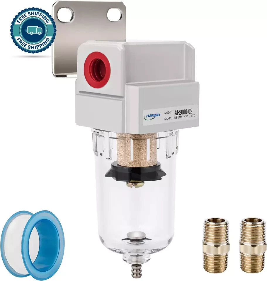 1/4" NPT Compressed Air Line Filter, 5 Micron Brass Element, Bracket, Poly Bowl,