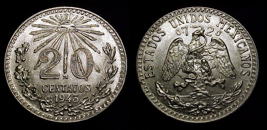 MEXICO 1943 20 Centavos BU