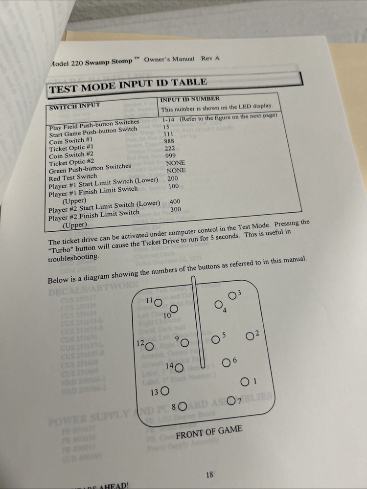 Swamp Stomp Arcade Game OWNERS manual