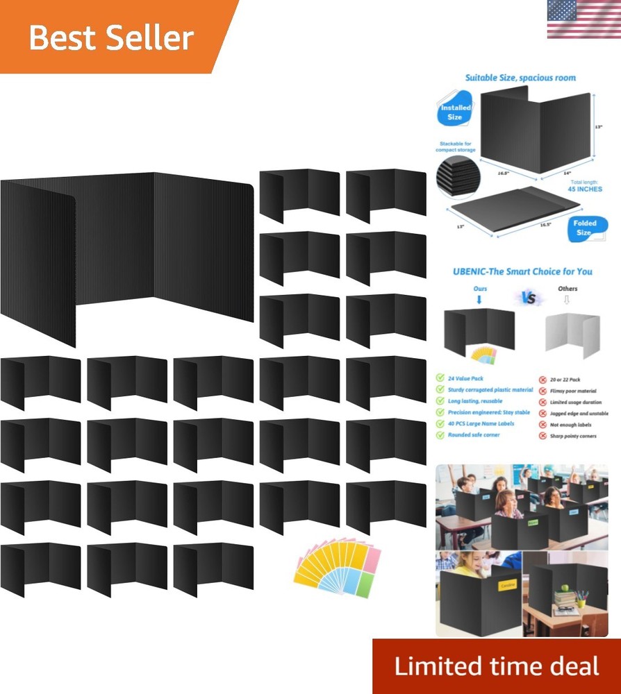 Black 24-Pack Desk Dividers for Students, Waterproof Durable Plastic Study Ca...