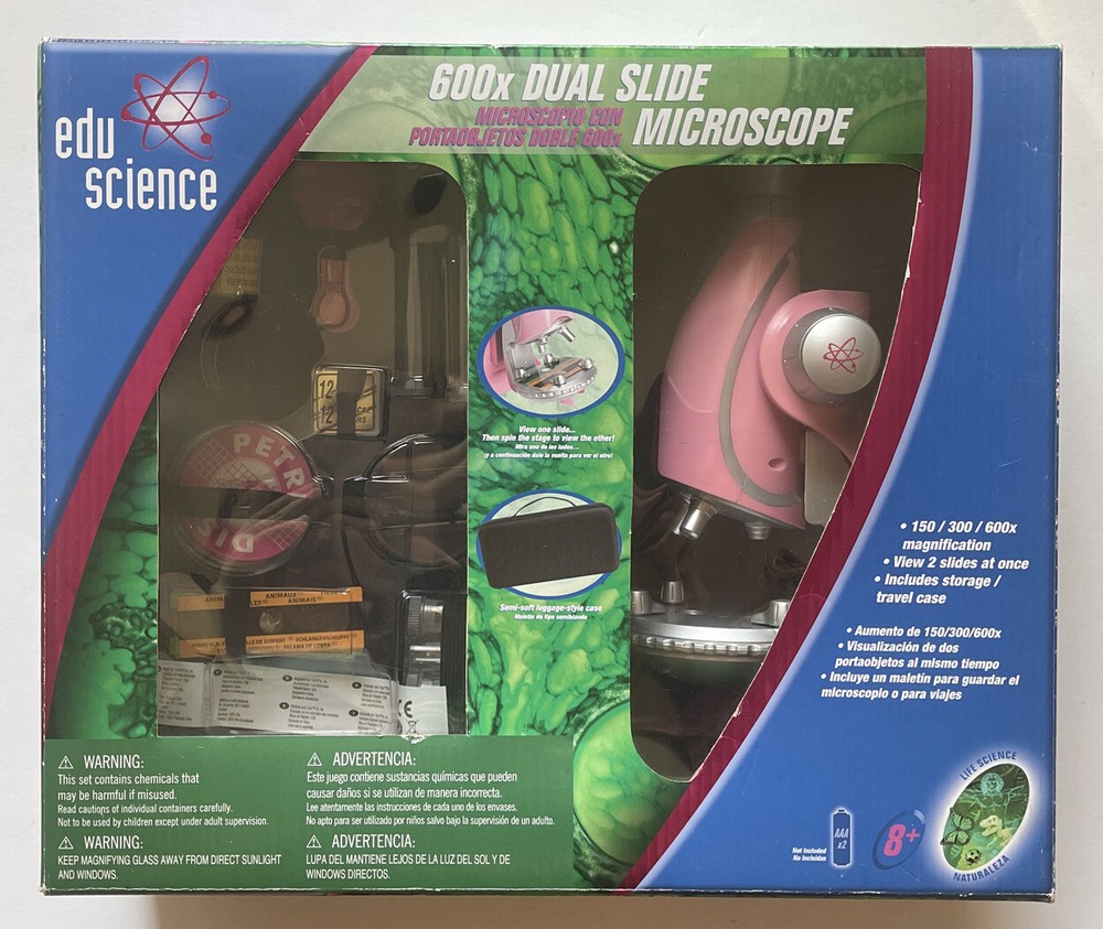 Edu Science 600x Dual Slide Pink Microscope with Carry Case