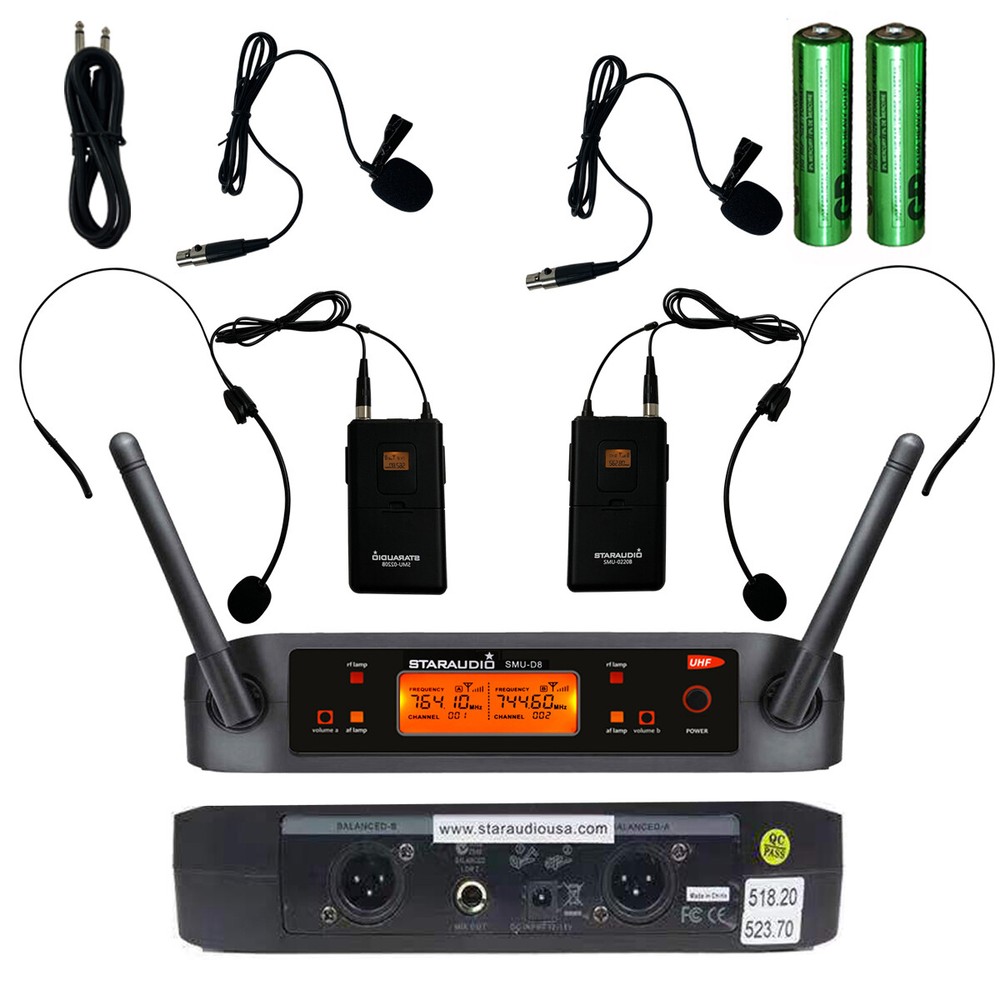 Wireless UHF Headset Microphone Dual Channel Lavalier Lapel Microphone Receiver