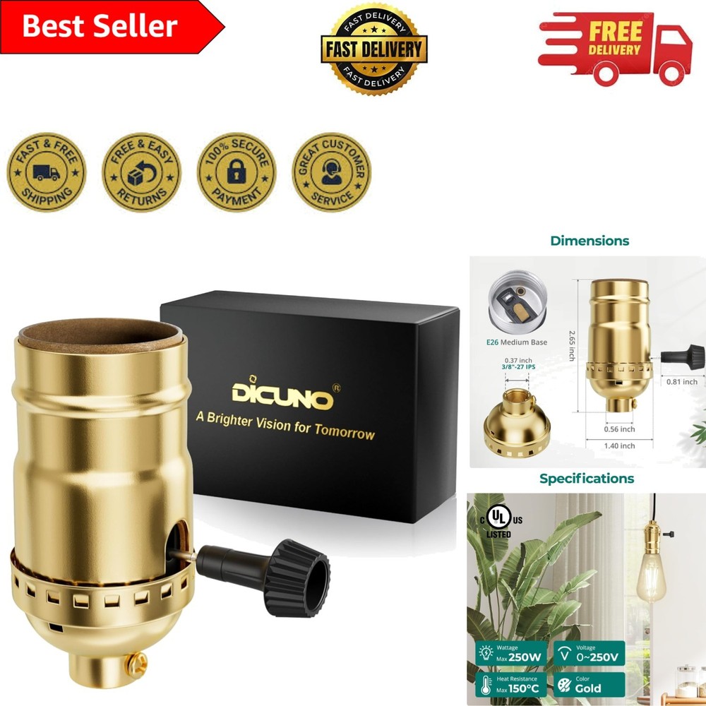Elegantly Designed Gold E26 Socket - 3-Way Adjustable for Table and Floor Lamps