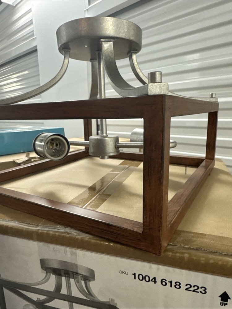 Semi Flushmount Light, Galvanized Finish, Painted Chestnut Accents