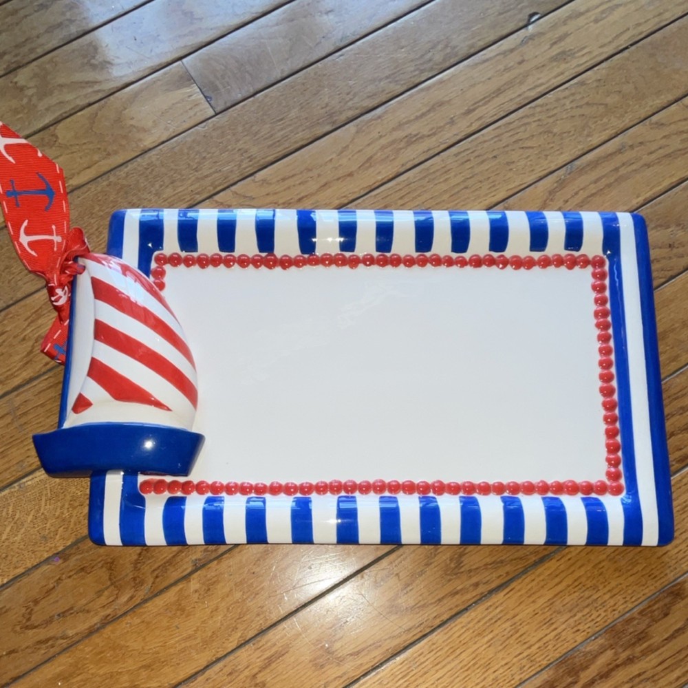Mud Pie Nautical Rectangular Striped Ceramic Platter Blue Red White Sailboat