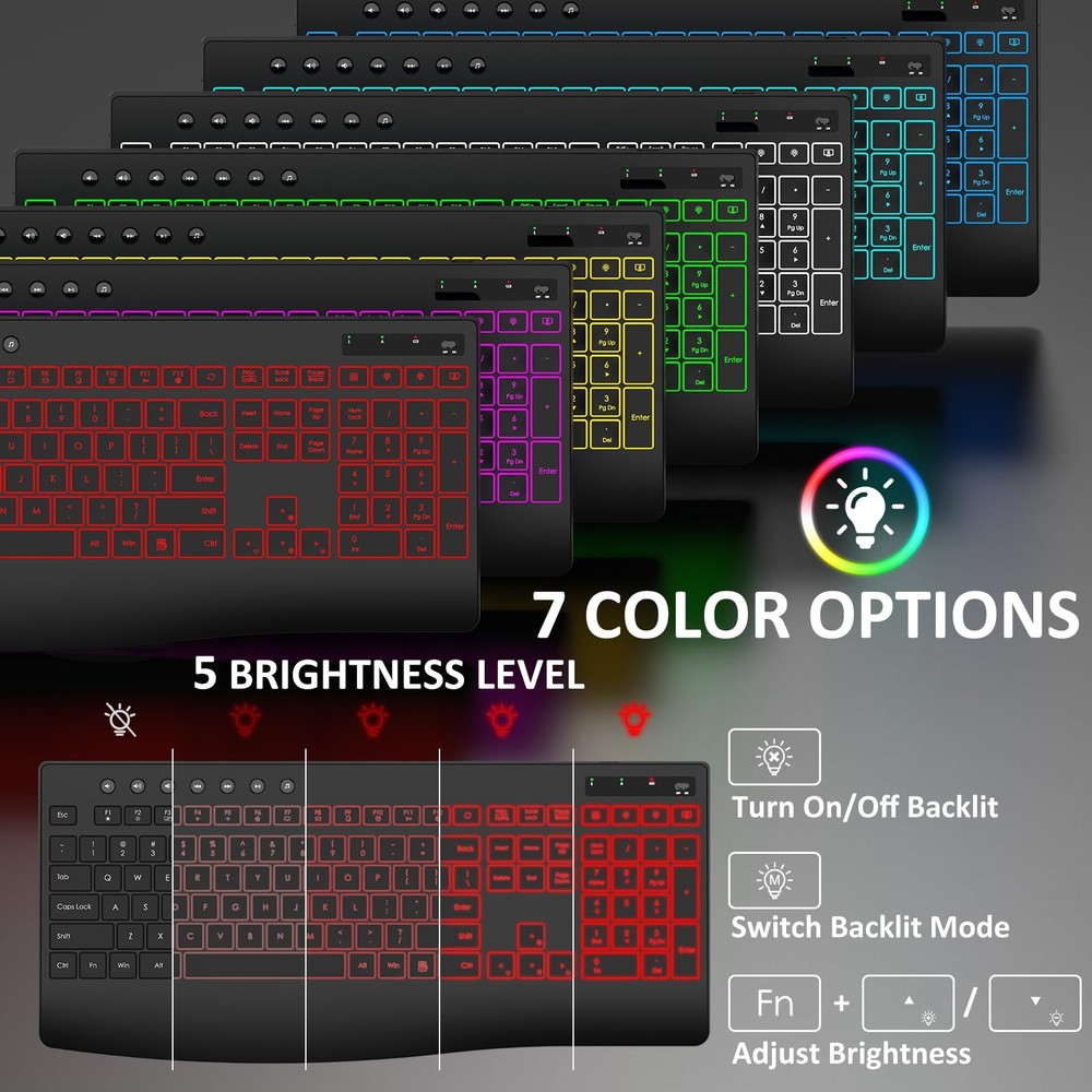 Wireless Keyboard and Mouse Combo, 9 Backlit Effects, Rechargeable 4000mAh Ba...