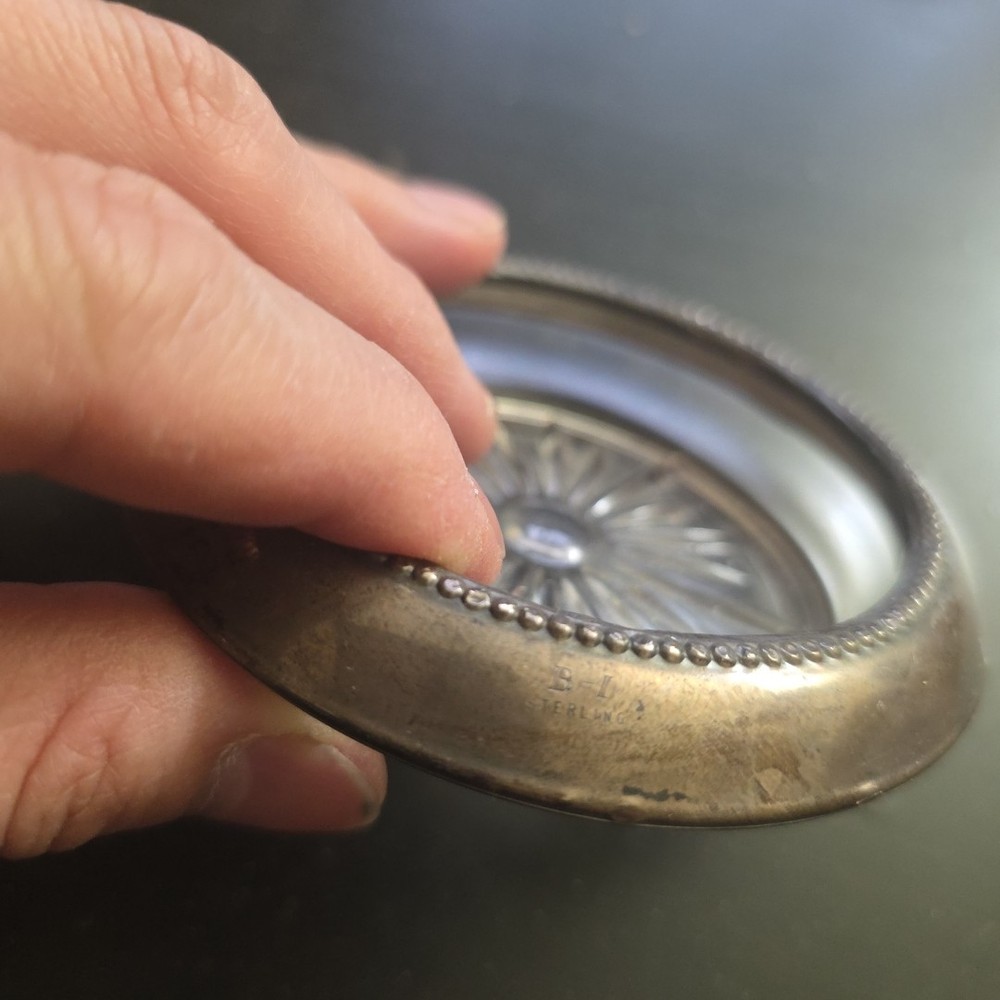 Sterling Silver B-I Glass Bottle Coaster Vintage