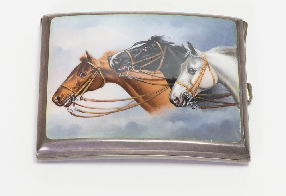 Antique 900 Silver Enamel 3 Horse Cigarette Case