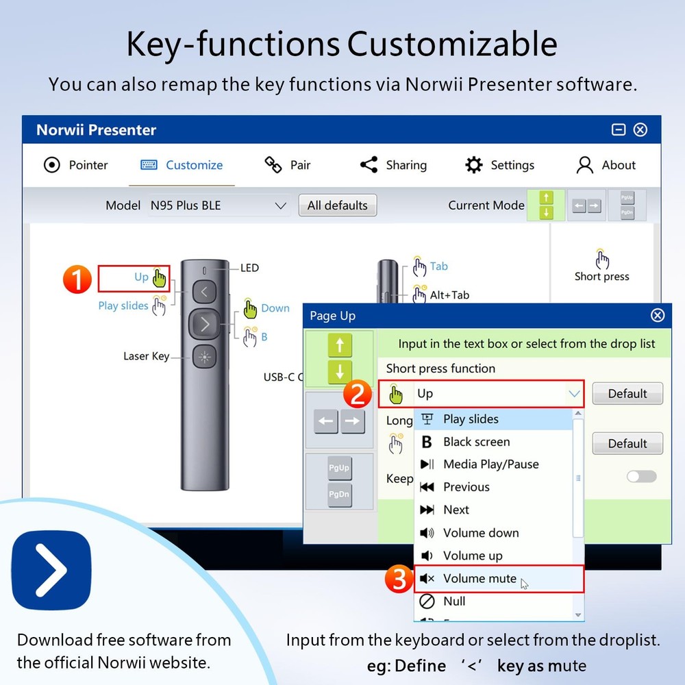 Norwii N95 Bluetooth Presentation Clicker with USB-A Receiver, PowerPoint Cli...