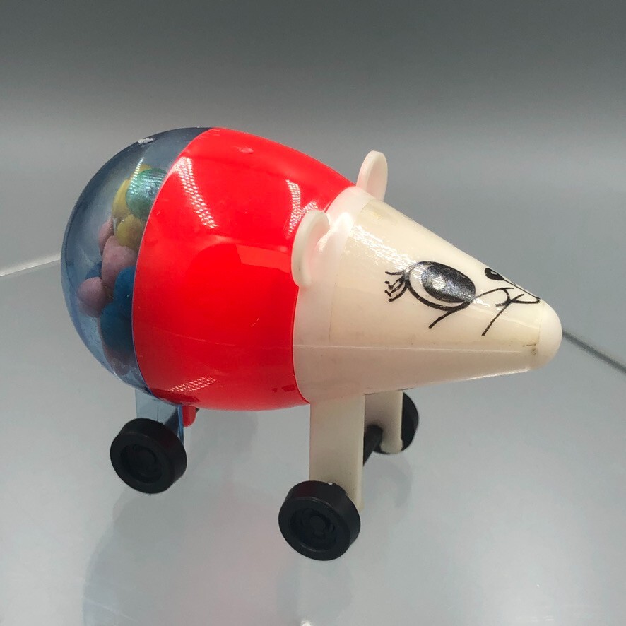 Vintage TOY MOUSE On Wheels Rolling CANDY CONTAINER Plastic Animal