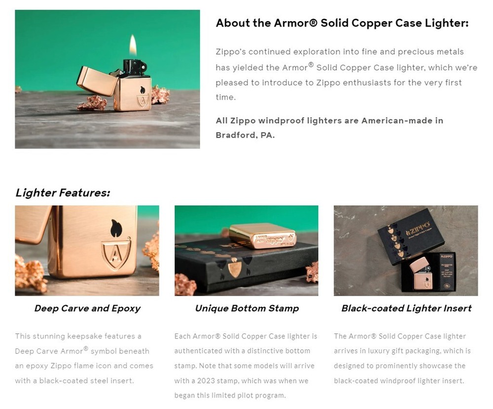 Zippo 46171, Zippo Limited Edition Solid Copper Case Armor Lighter, Black Insert