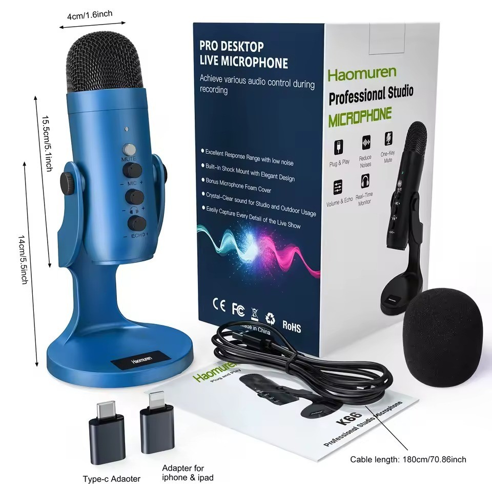 Gaming USB Blue Microphone with Quick Mute for Phone Computer PC PS5, Studio