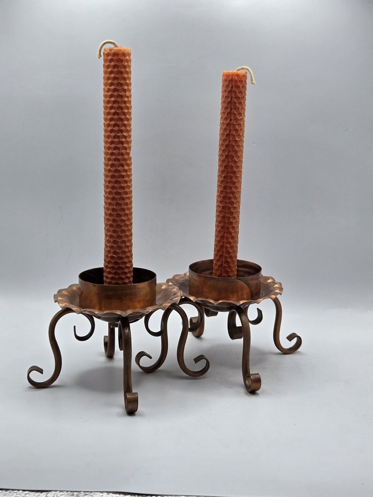 1960s Gregorian Pair Solid Copper Candle Holders • Arts & Crafts • USA