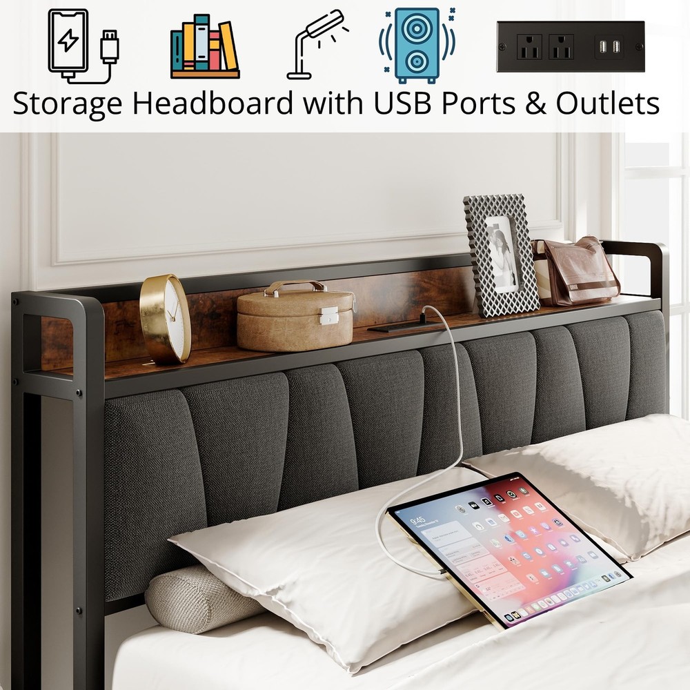 LIKIMIO King Size Bed Frame, Storage Headboard with Charging Station, Solid a...