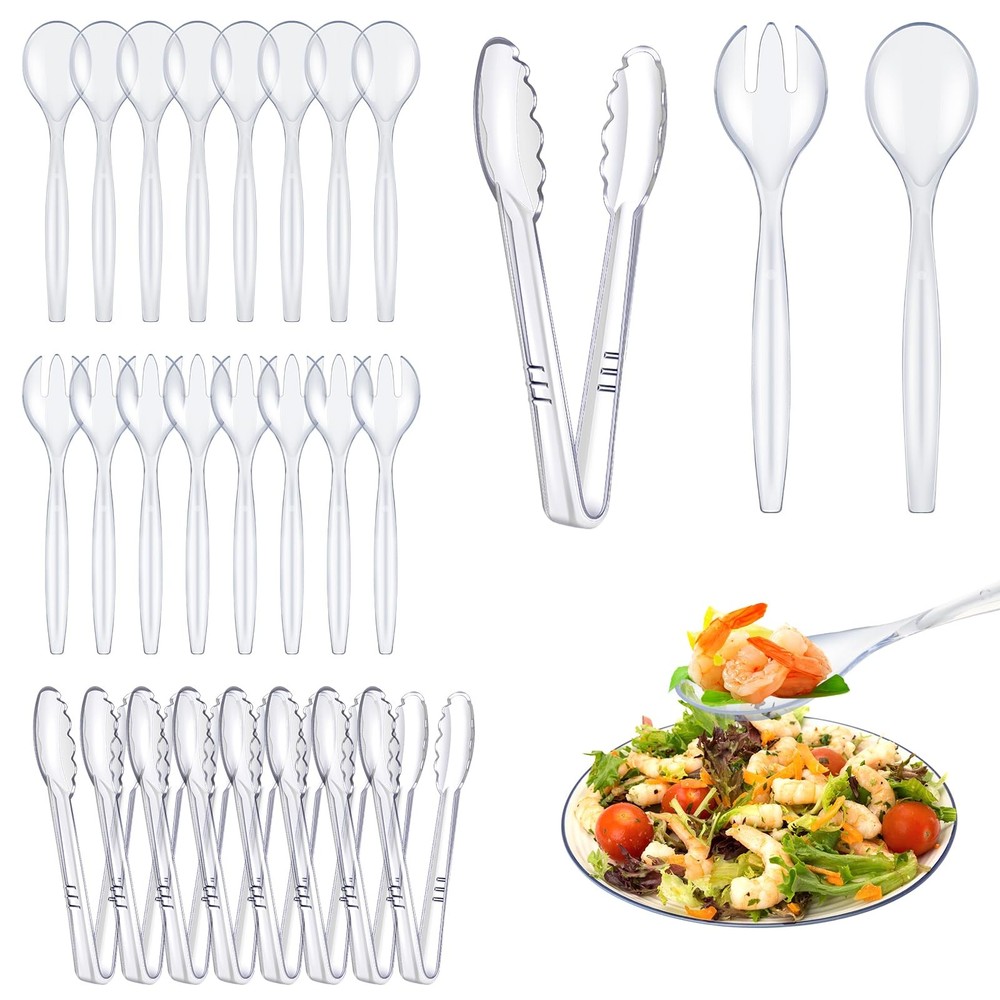 24 Pcs Disposable Clear Plastic Serving Utensils, 8 Set Including Plastic Ser...
