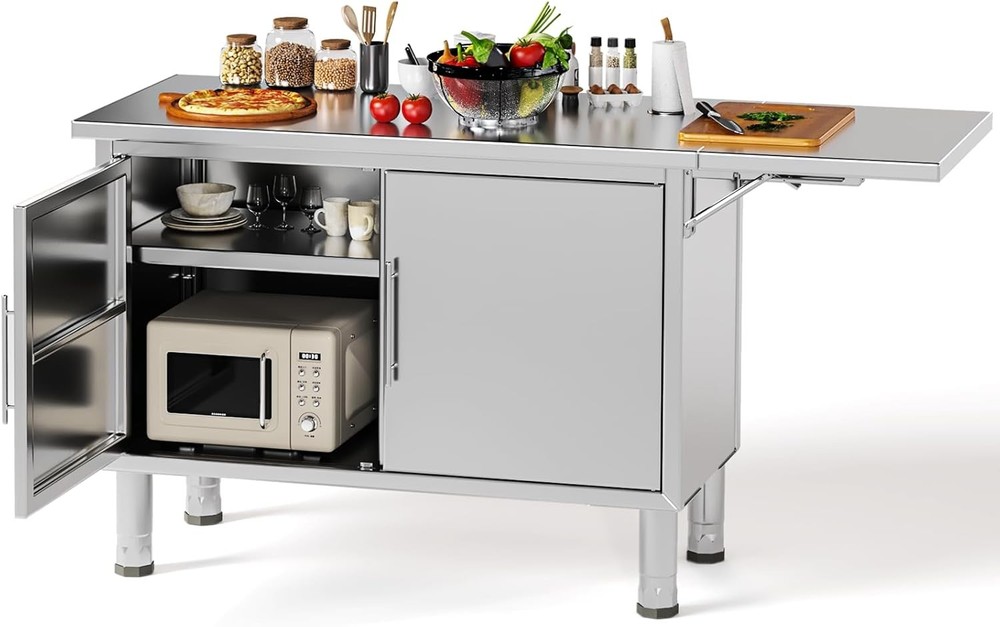57"x19.7" Stainless Steel Kitchen Cabinets Worktable with Extend Panel & Shelf