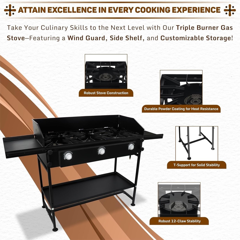 Three Burner Propane Stove - with Dual Side & Bottom Shelf and Wind Panel
