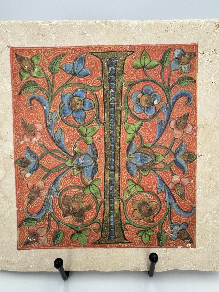 Vatican Library Illuminated Manuscript Letter I Stone Tile Plaque Medieval Decor