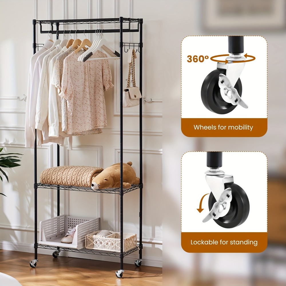 Rolling Clothes Rack Garment Wardrobe with Hanging Rod Side Hook Heavy Duty