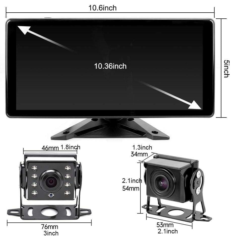 Car Backup Cameras System with 4K 10.36" Touch Screen Quad Display Grey