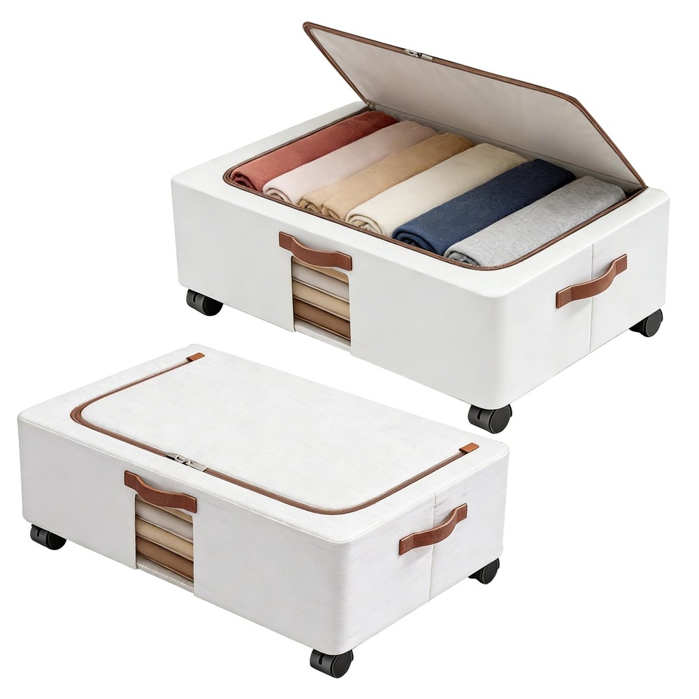 Under Bed Storage Organizer with Wheels - 2 Pack Large Foldable Underbed Draw...