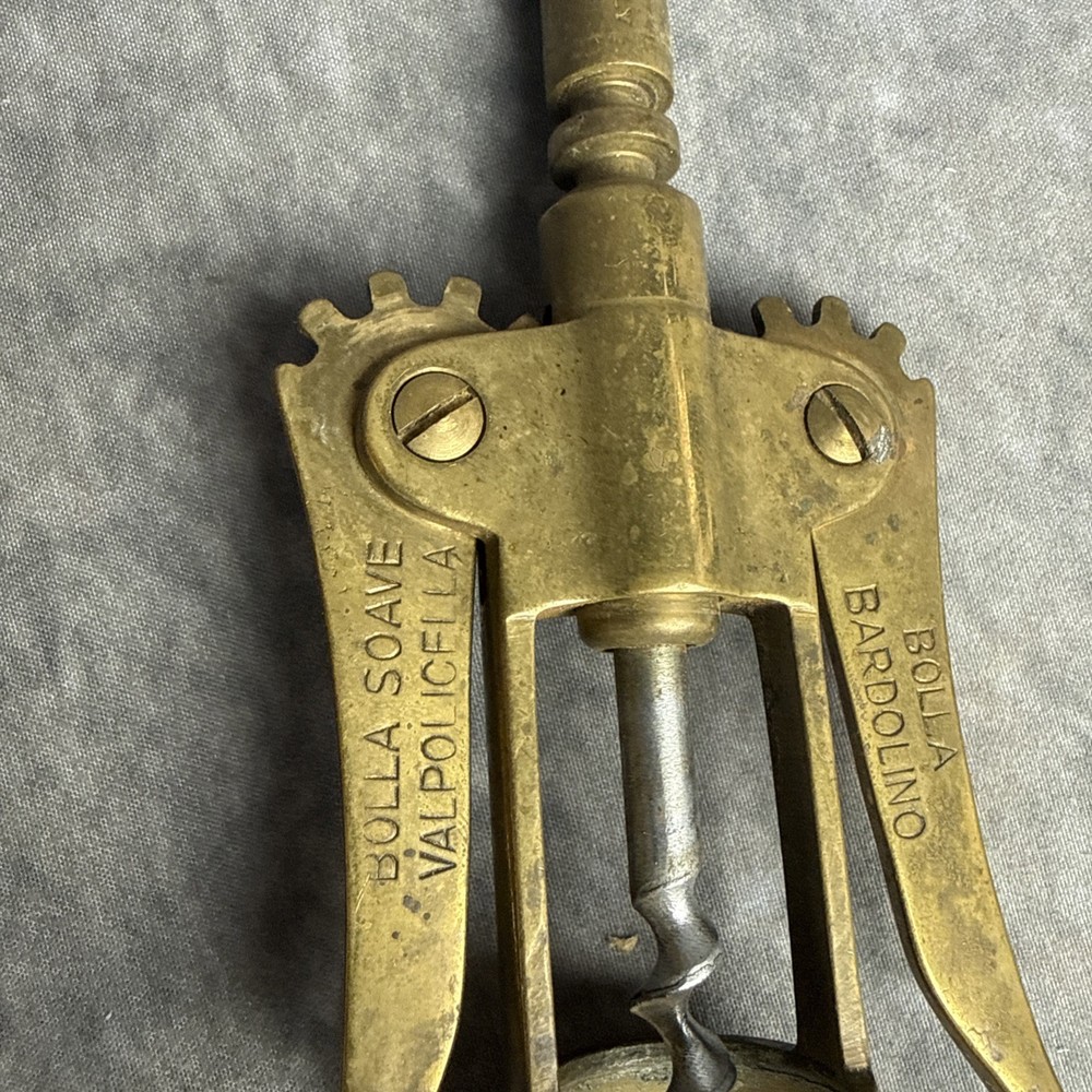 ITALIAN Solid Brass Winged Corkscrew Wine Bottle Opener Bolla Soave Advertising