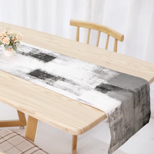 and White Abstract Modern Table Runner, Art 13" x 72", Table Runner Grey