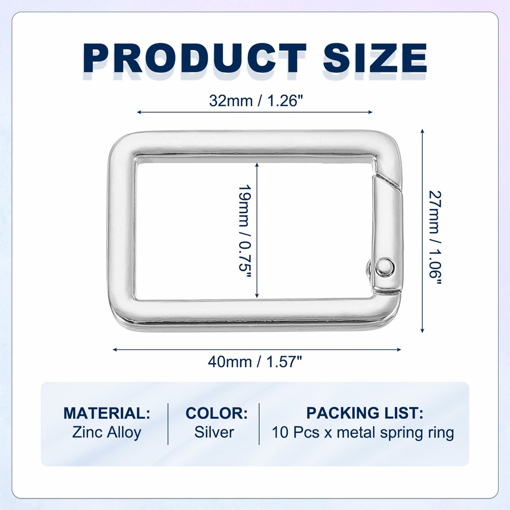 10 Pcs 40mm Square Shaped Spring Snap Keychain Clip for Purses Silver