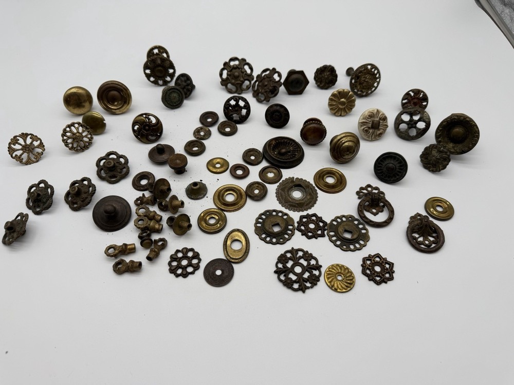 Large Lot Antique Vintage Drawer Knobs Pulls Brass Eastlake Backplates Ring Pull