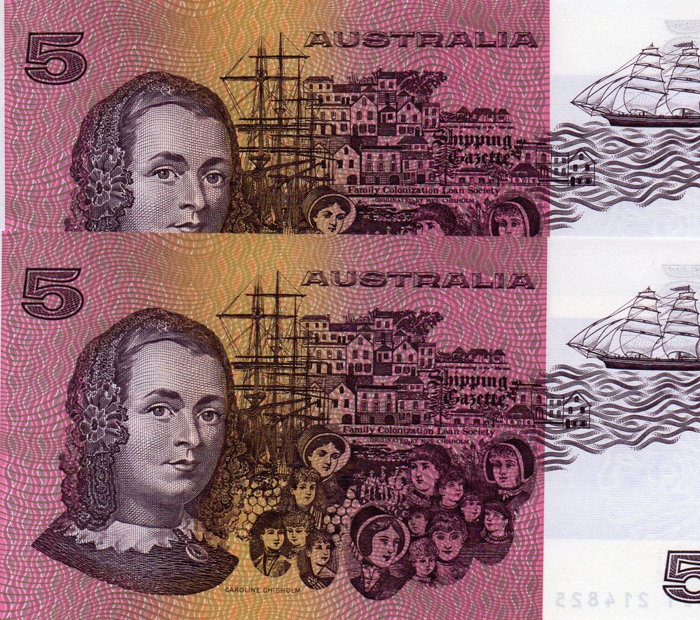 1991AUSTRALI $5 Fraser/Cole TWIN CONS PAIR Same serial Numbers Same Prefix 4note