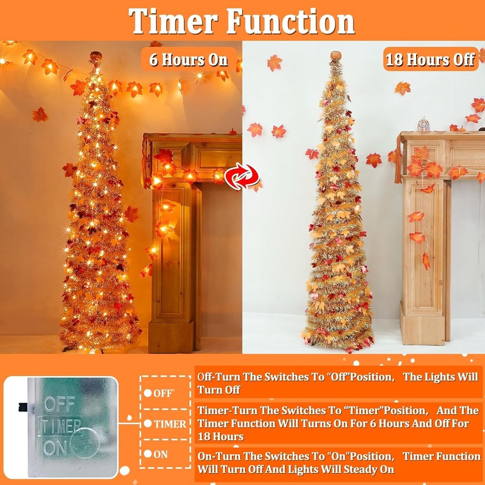 Timer & Pumpkin - 5 Ft Lighted Fall Tree Fall Decor, Fall Pop Up Tinsel Maples