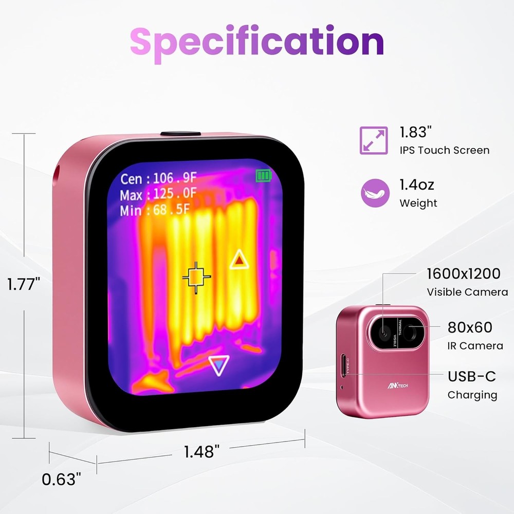 ANXTECH Mini Thermal Imaging Camera Pink for Beginner IR Resolution 80*60
