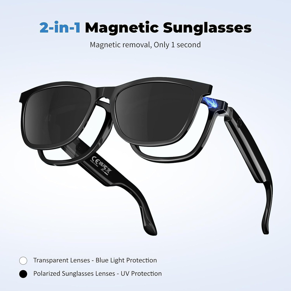 Smart Glasses with Bluetooth, 2-in-1 Magnetic Sunglasses (Blue Light Blocking &