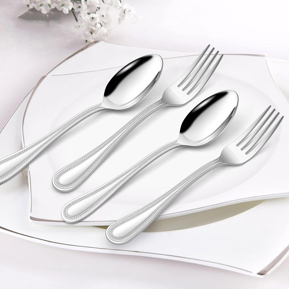 Silverware Set, 60-Piece Stainless Steel Flatware Service for 12, Pearled Edge