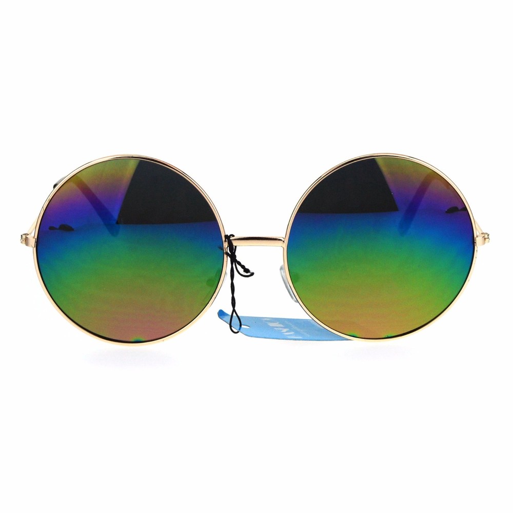 Rainbow Mirror Lens Sunglasses Womens Oversized Round Circle Metal Frame