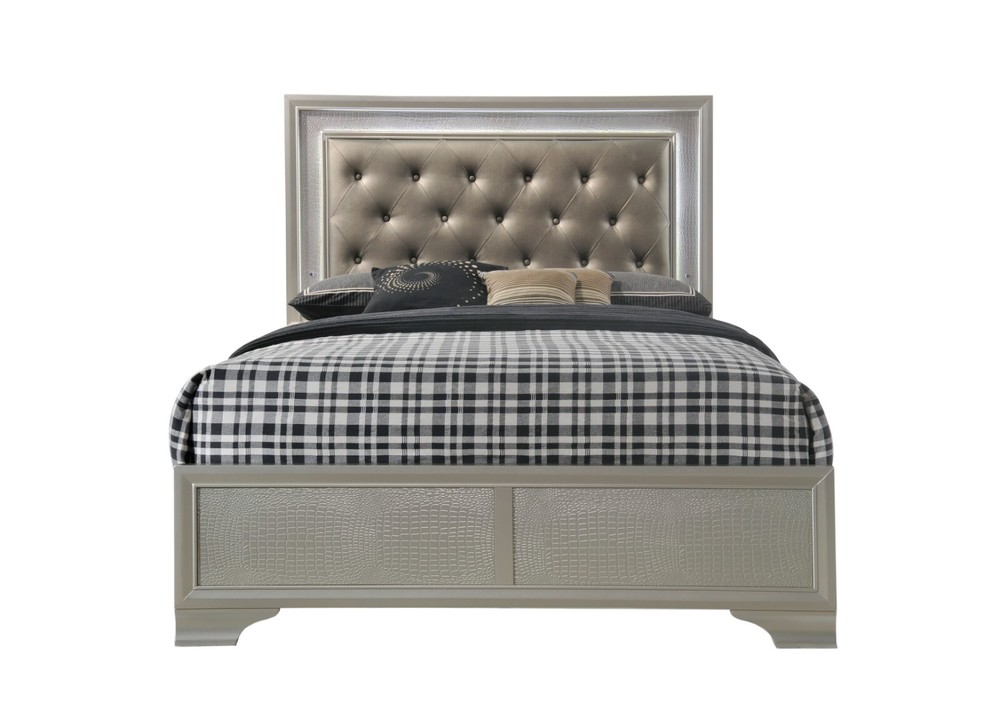 Modern 3pc Full Size Upholstered LED Backlit HB Panel Bed Chest Nightstand Set