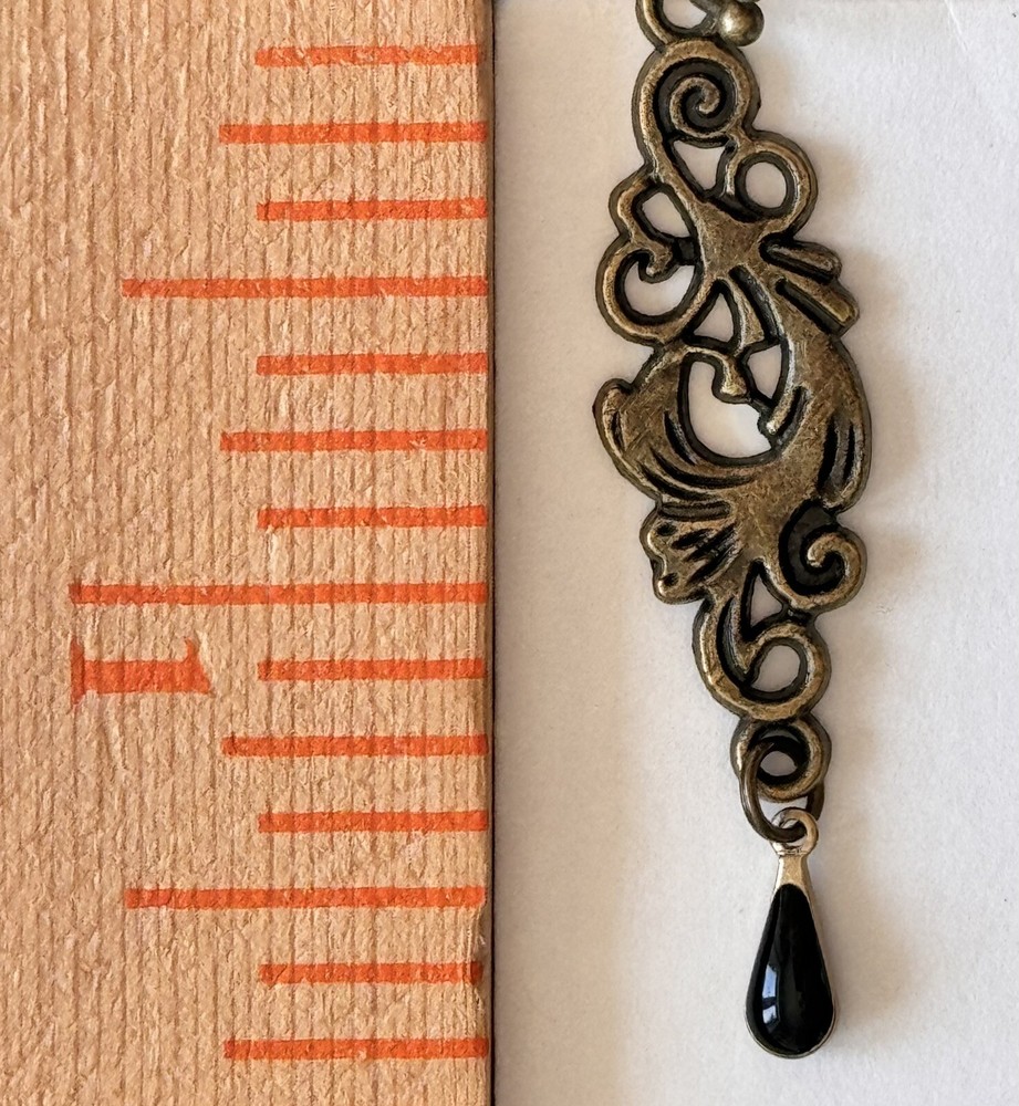 Etched Bronze Design with Black Teardrop Dangle Earrings.