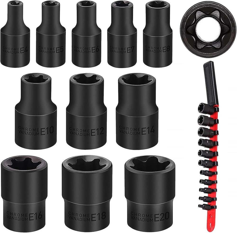 11 Pc Female E Torx Star Socket Set & Rail E4-E20 Driver Torque Socket 3/8" 1/4"