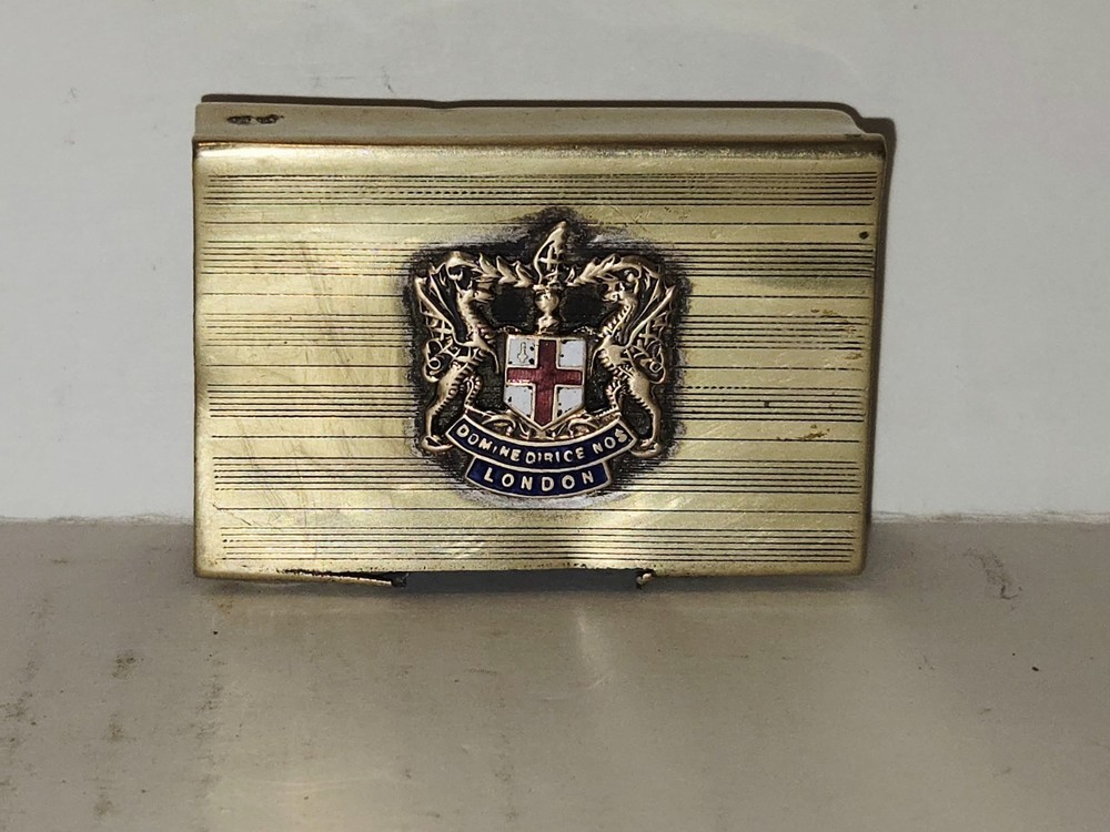 Antique London Coat of Arms  Brass Matchbox Holder With Criterion Matches