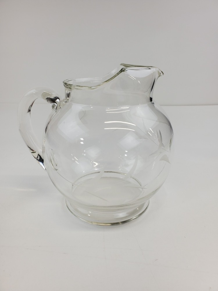 Small Etched Vine Clear Glass Squat Pitcher 5.5"