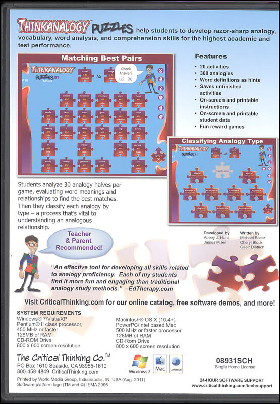 Thinkanalogy Puzzles, B1, CD-ROM, Grades 6-8 Windows/MAC, Critical Thinking Co.