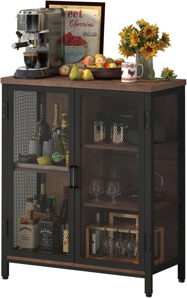Rustic Oak Coffee Bar Cabinet with Adjustable Shelves and Hidden Storage Space