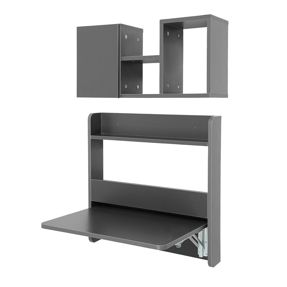 Folding Space Saving Wall Mounted Bookshelf, Fold Down Laptop Desk Workstation