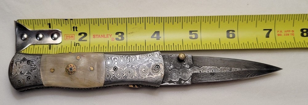 CFK Damascus Pocket Knife Ram Horn Handle