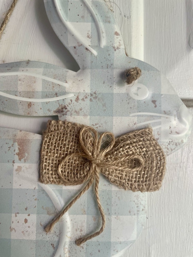 Spring Blue Gingham Hanging Metal Bunny