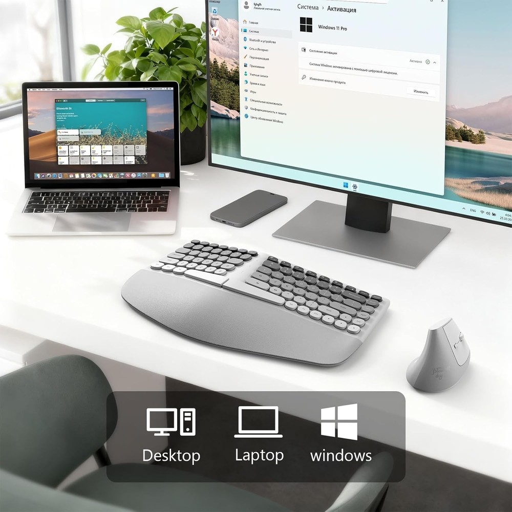 Mofii Wireless Keyboard & Vertical Optical Mouse White USB Split Curved for PC