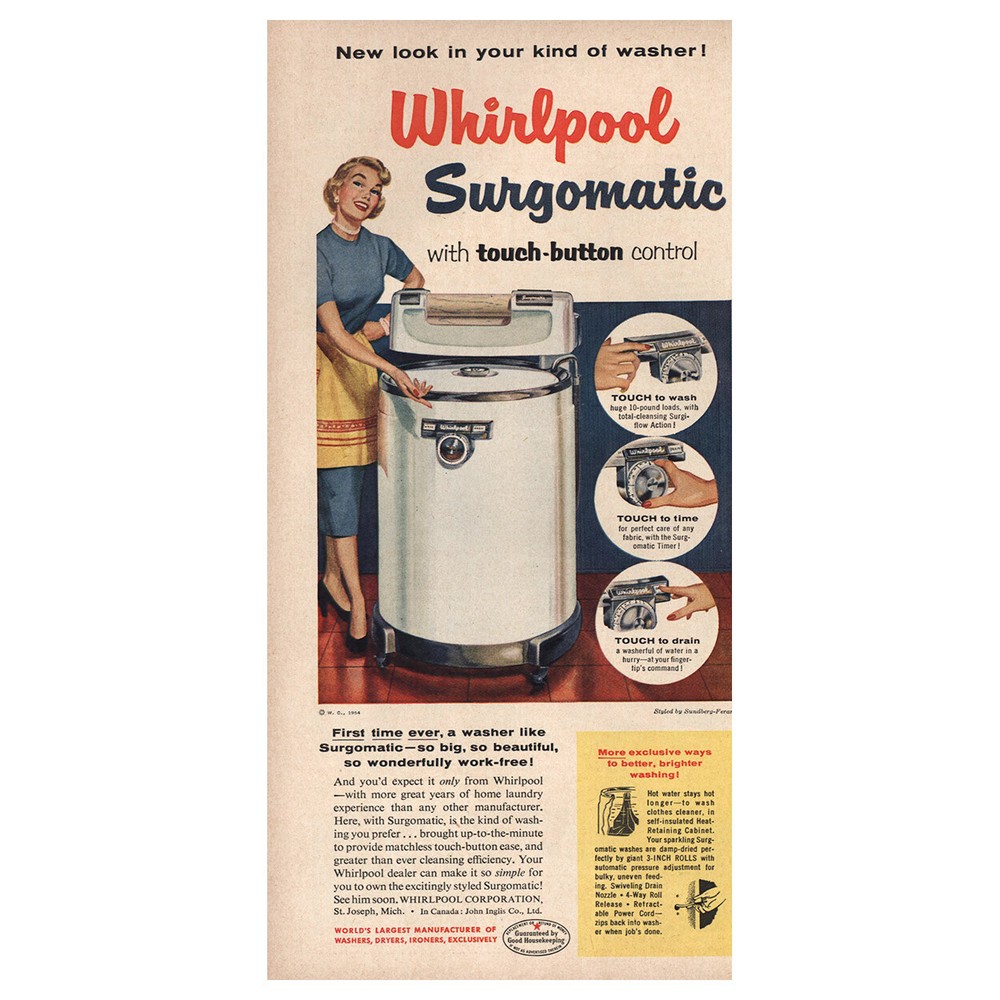 1954 Whirlpool Surgomatic: Touch Button Control Vintage Print Ad