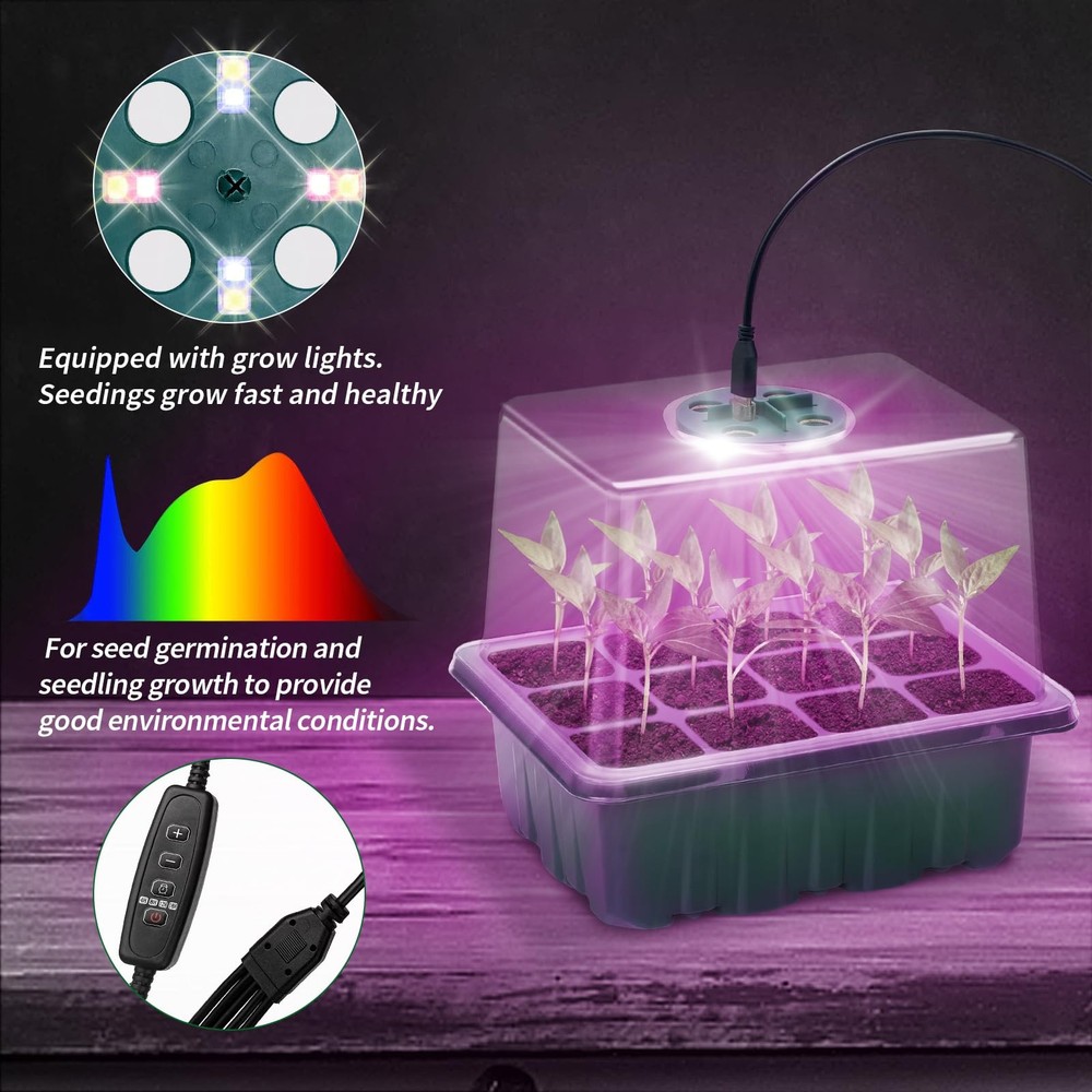 2 Pack Seed Starter Tray Propagation Station with LED Grow Light & Timer w/ Dome