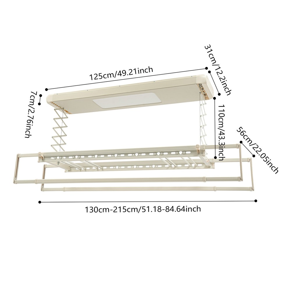 Ceiling-mounted Clothesline, Resealable Vertical Drying Rack W/ Light 8 Rods