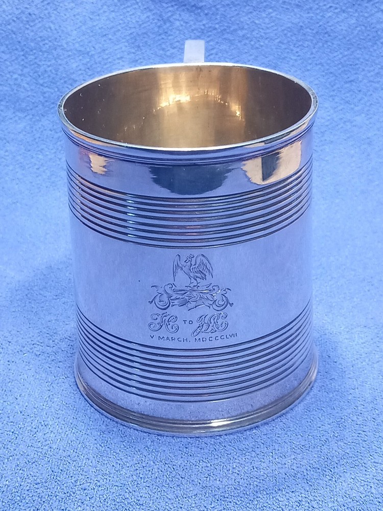 1856 Exeter Sterling Silver Christening Mug Lined Pattern Josiah Williams